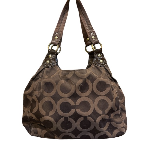 Coach Madison Maggie Bag Dark brown Gold Purple lining Signature C Pockets Hobo - Picture 2 of 15